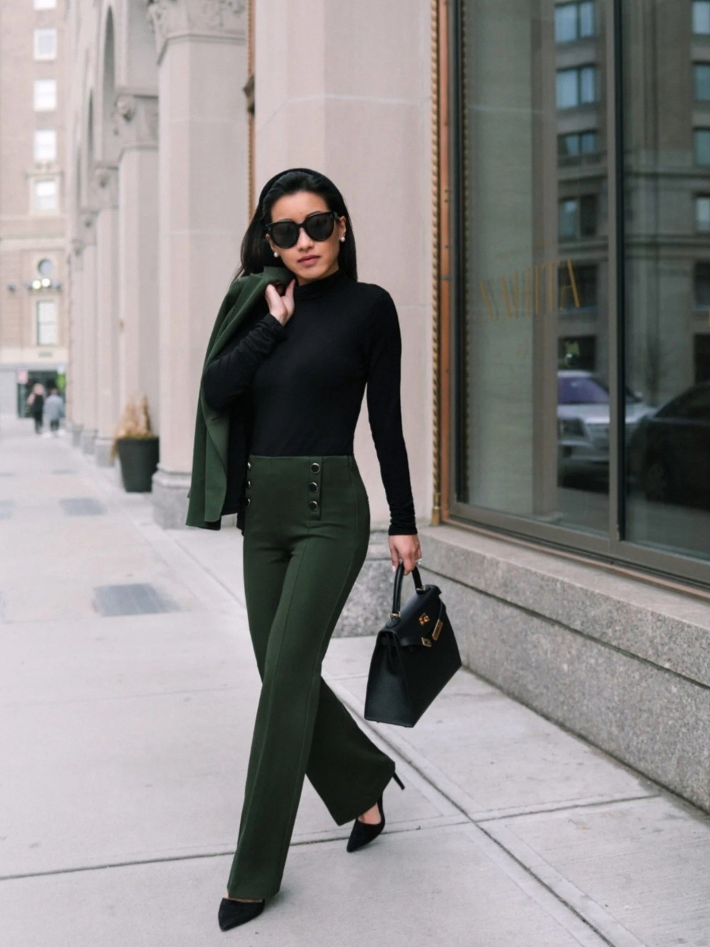 Ann Taylor Olive High-Waist Wide-Leg Saior Style Pants